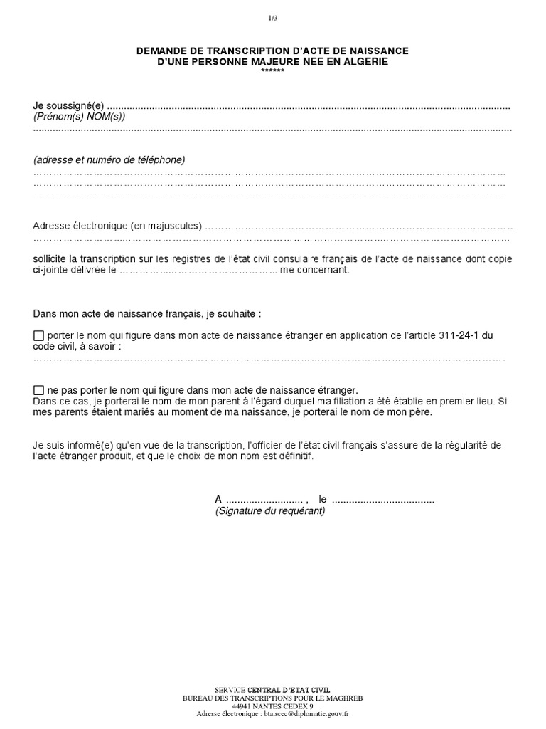 Demande de transcription acte de naissance | PDF | Certificat de ...