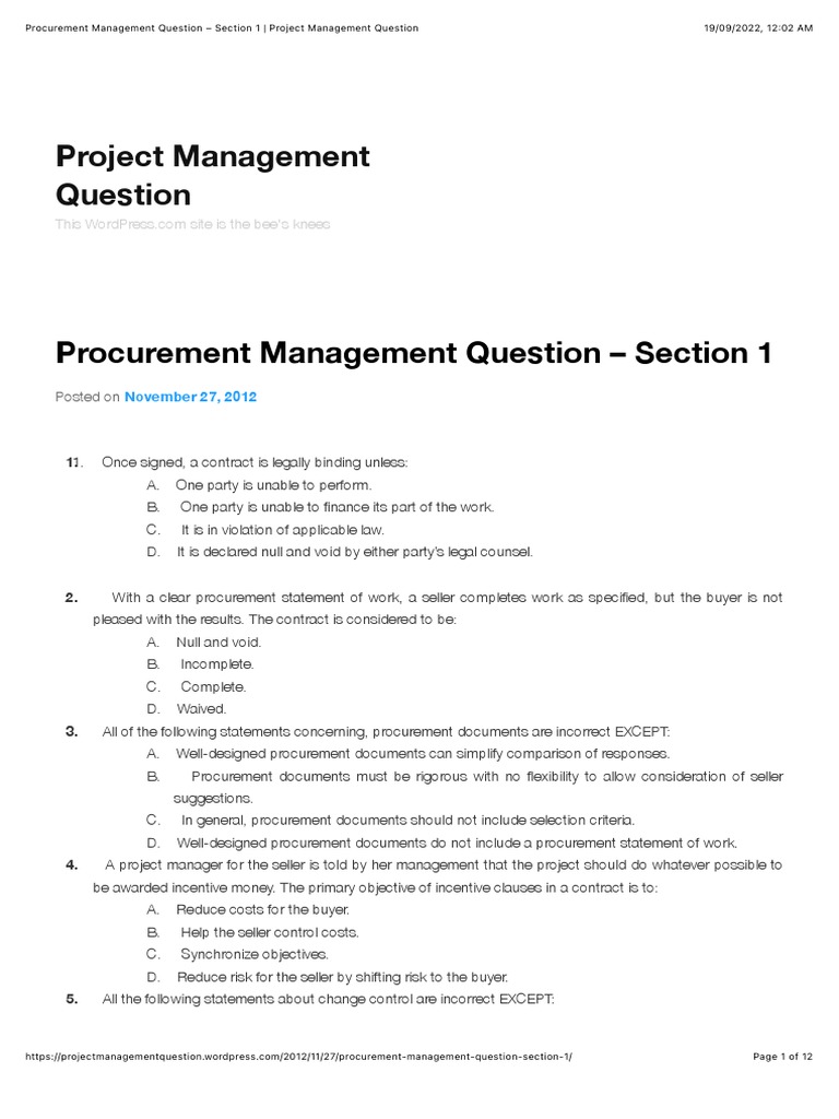 Procurement management question section 1 project management