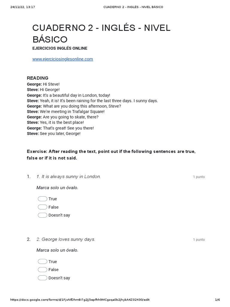 CUADERNO 2 INGLÉS NIVEL BÁSICO Formularios de Google PDF