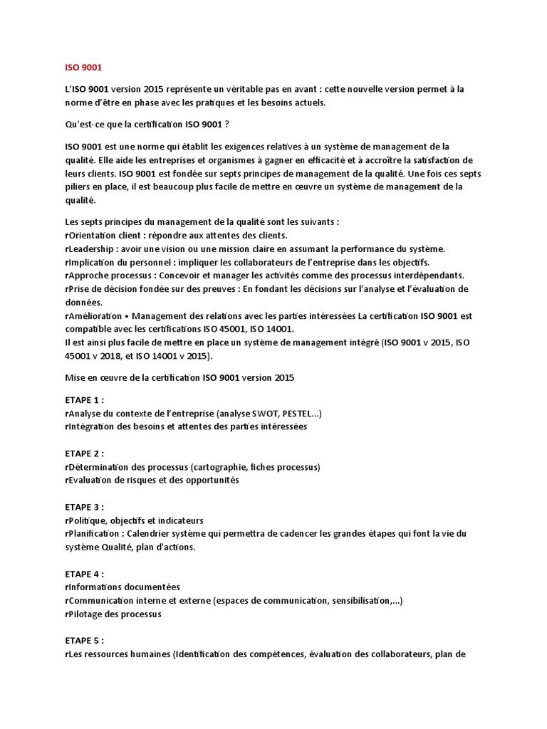 Certification ISO 9001: Guide 2015 | PDF | Management de la qualité ...