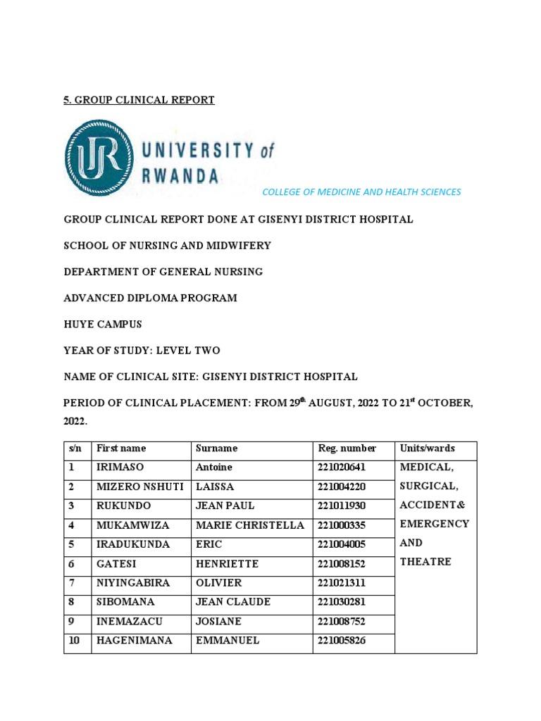 Report Gisenyi DH | PDF | Internal Medicine | Injury