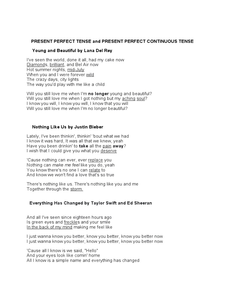 Present Perfect Tense in Popular Songs | PDF | Pop Music