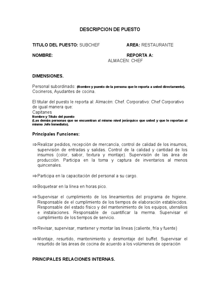 Funciones y Perfil del Subchef | PDF | Artes culinarias