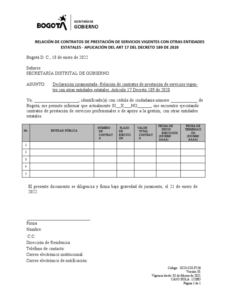 Formato declaraci n juramentada relaci n de contratos pdf