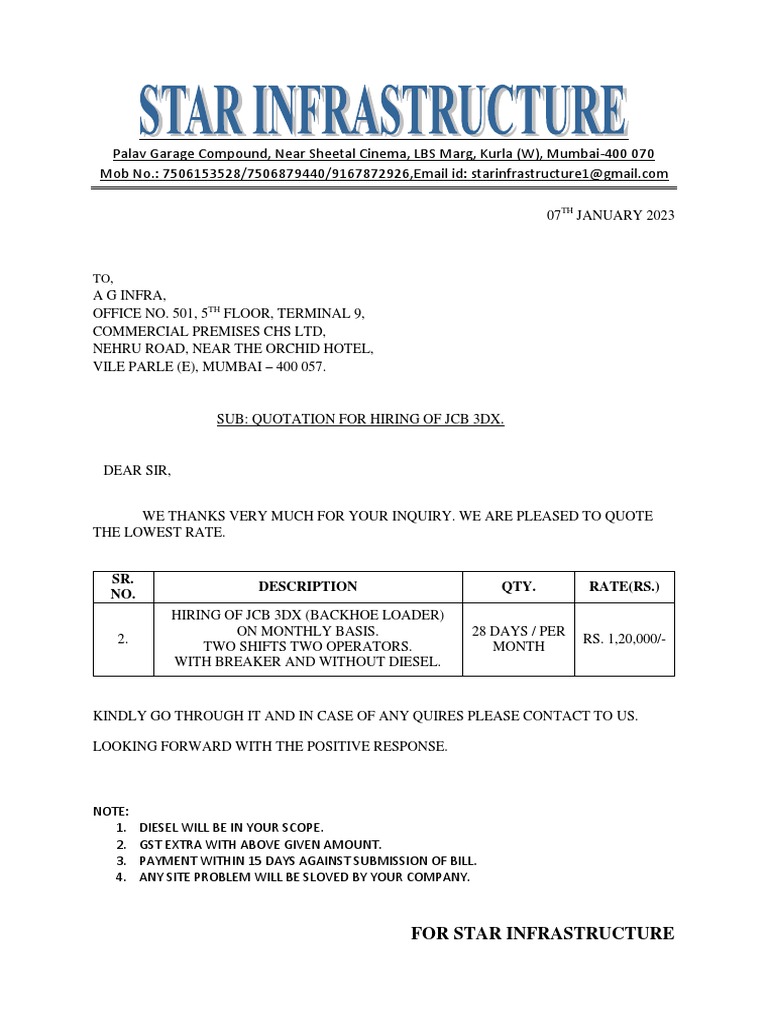 Quotation For Hiring of JCB 3DX New Aginfra Metro 1 PDF
