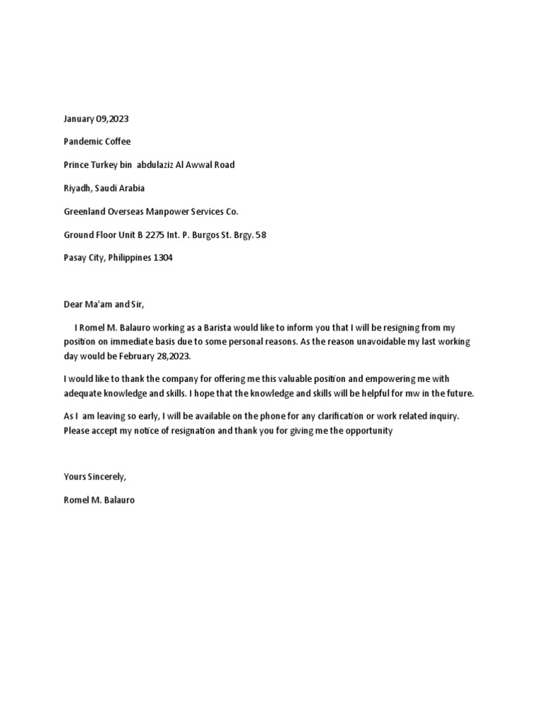 Immediate Resignation Letter from Barista | PDF