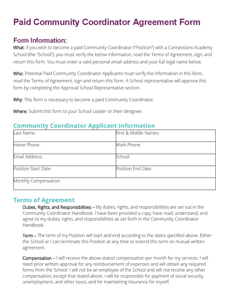 Paid Community Coordinator Agreement Form | PDF | Background Check ...