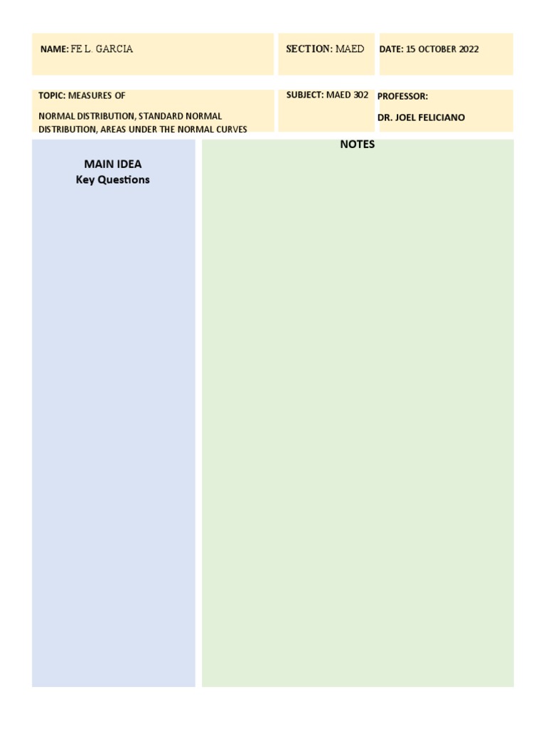 Cornell Note5 Normal Distribution PDF Standard Score Normal