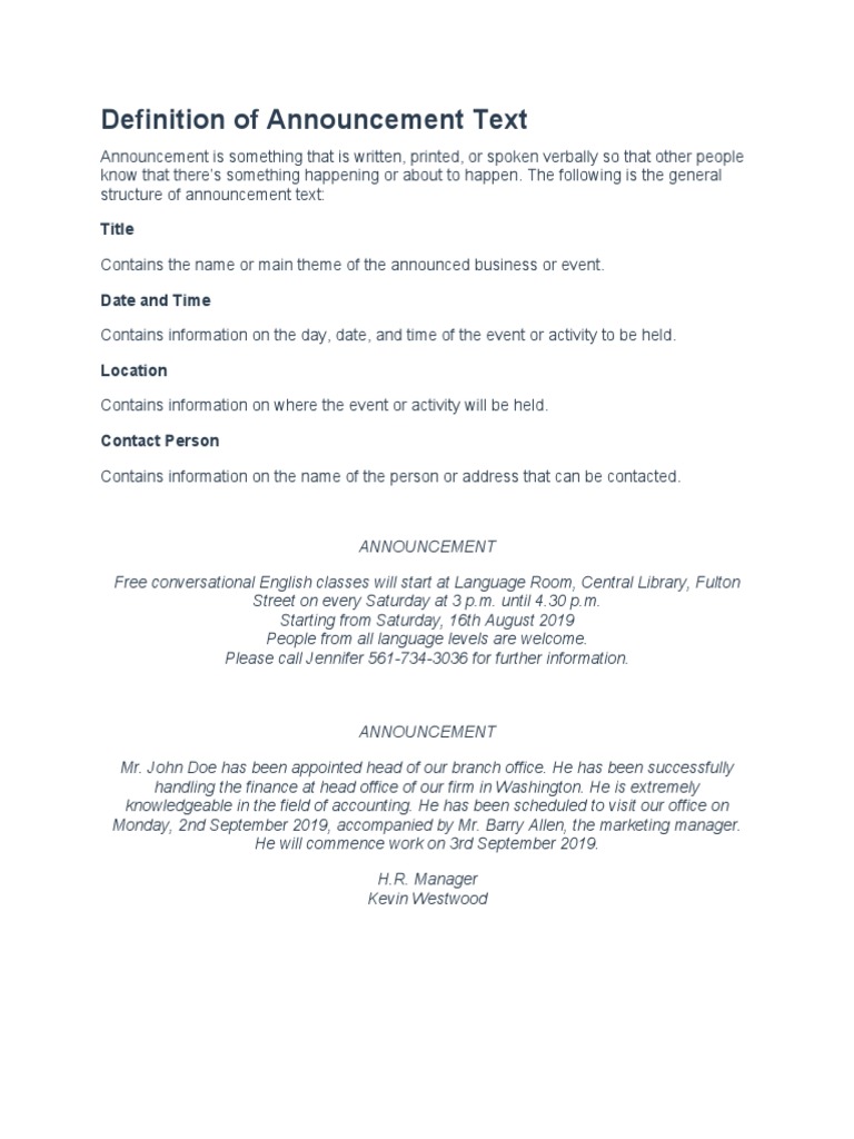 Definition of Announcement Text PDF