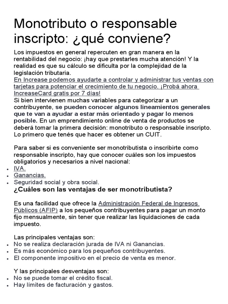 Monotributo o responsable inscripto pdf impuestos impuesto al