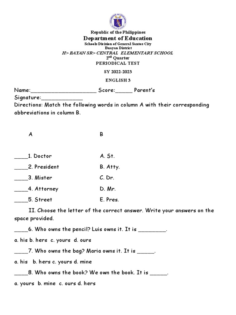 Grade 2 English 2nd Quarter Test | PDF | Wellness