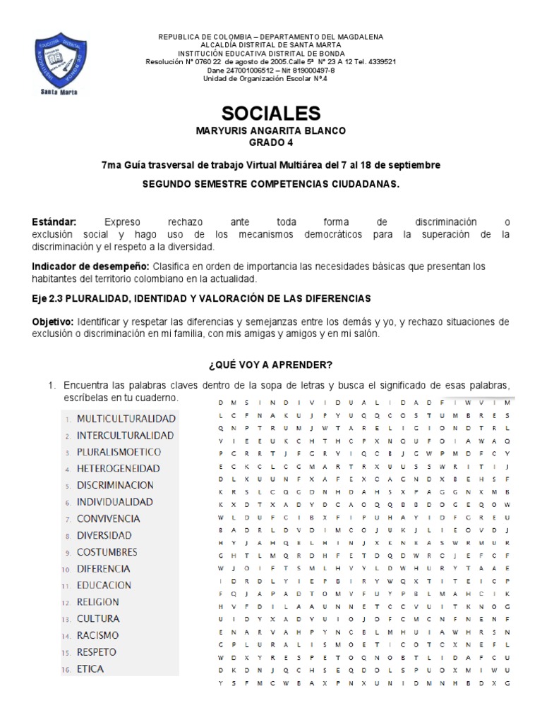 Guía de Trabajo Virtual Grado 4° CIENCIAS SOCIALES | PDF | Colombia