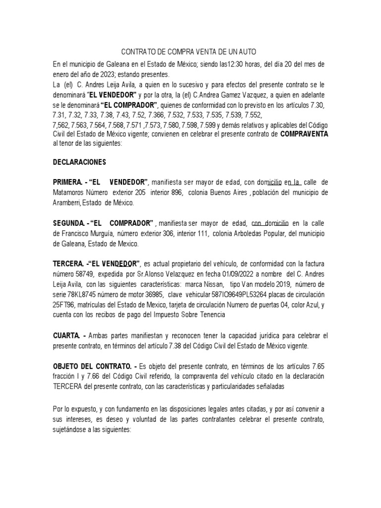 Contrato de Compra Venta de Un Auto | PDF | Justicia | Crimen y violencia