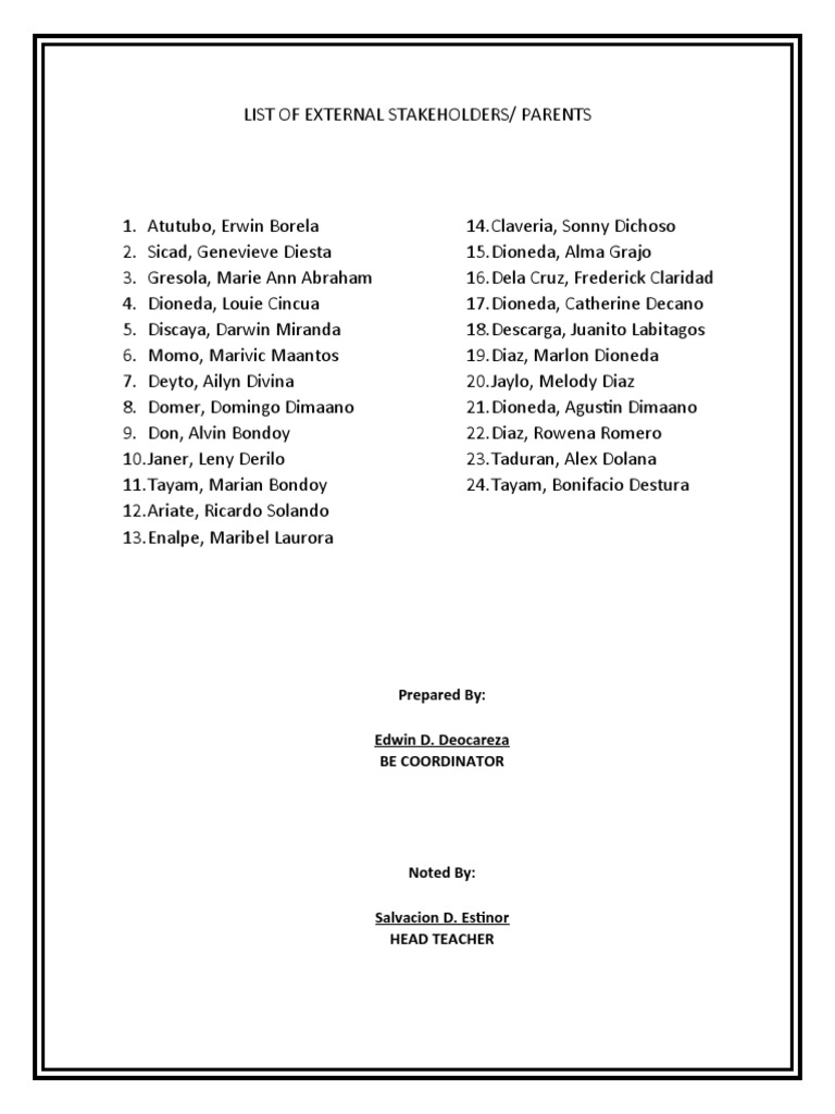 External Stakeholders List for Parents | PDF