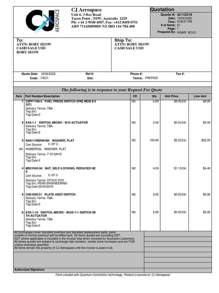 Aerospace Parts Quotation Document | PDF | Invoice | Value Added Tax