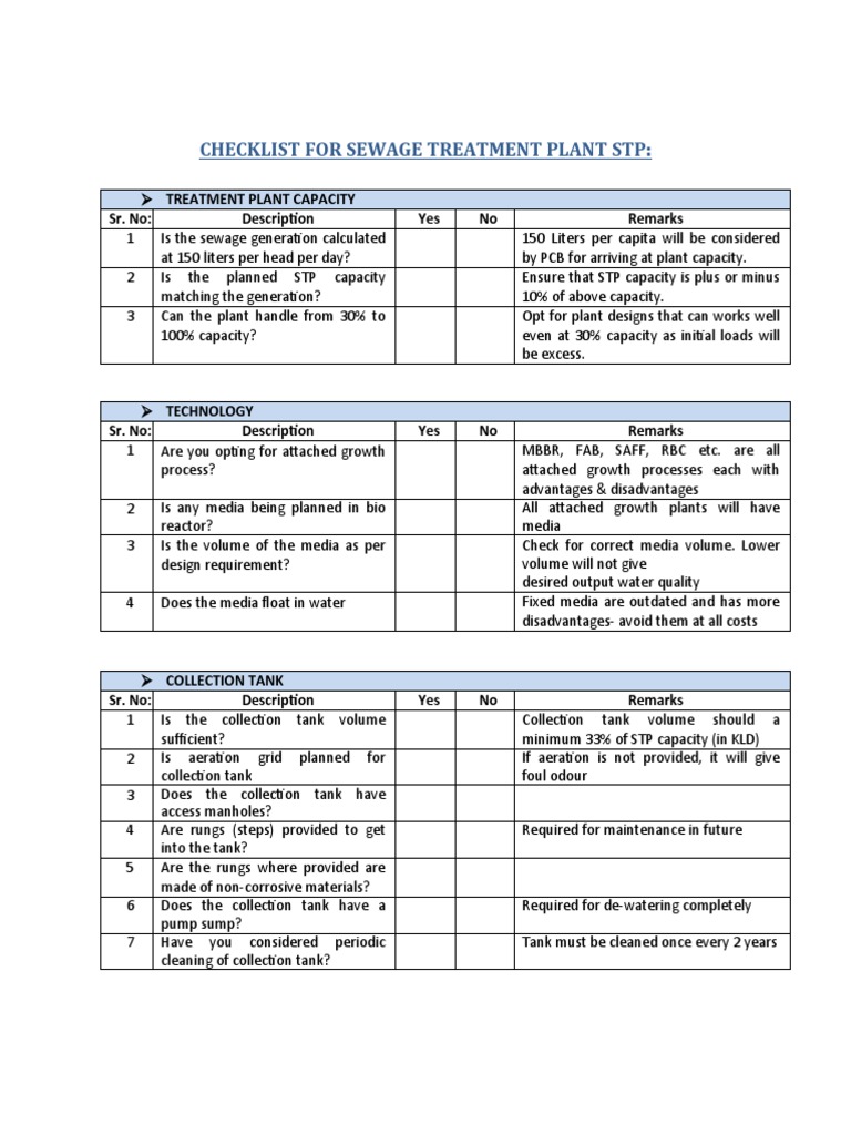 Sewage Treatment Plant Maintenance Checklist | PDF | Sewage Treatment ...