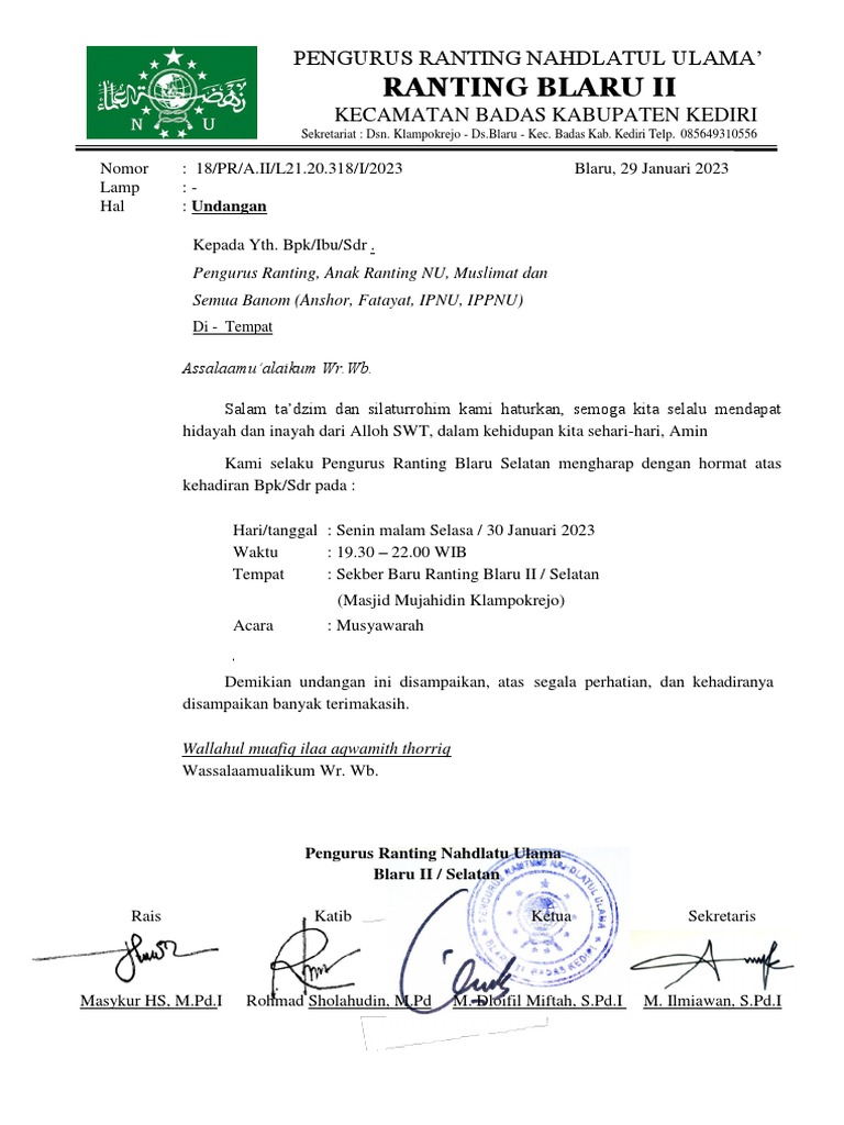 Undangan Musyawarah Ranting NU Blaru II | PDF