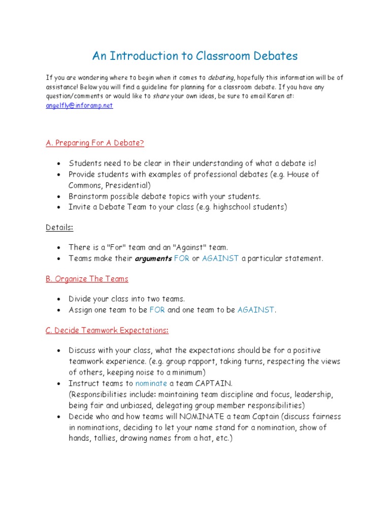 An Introduction To Classroom Debates Pdf Brainstorming Classroom