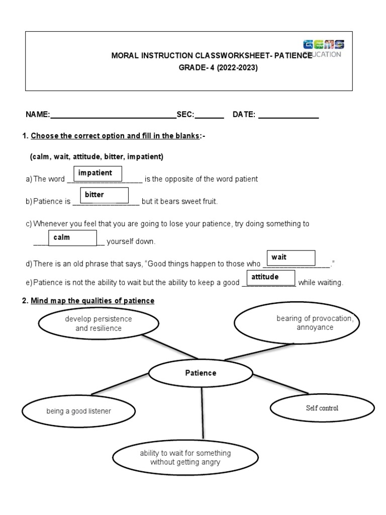 Grade 4 Patience Worksheet Activities | PDF | Patience | Psychology