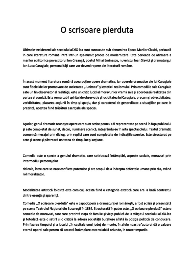 O Scrisoare Pierduta Modul Din Care Se Reflecta O Tema O Scrisoare Pierduta | PDF
