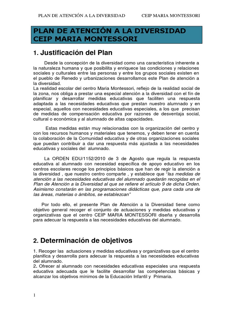 Plan de Atención a la Diversidad CEIP Montessori | PDF | Educación ...