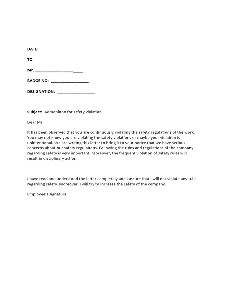 Safety Warning Letter Format PDF