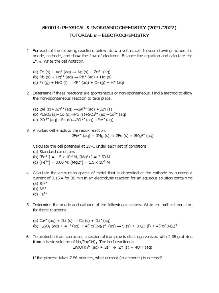 Chemistry Electrochemistry Practice Questions PDF