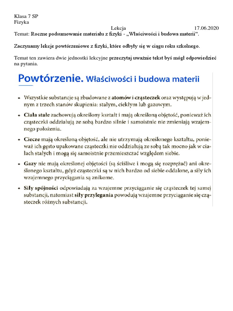 Właściwości I Budowa Materii Klasa 7