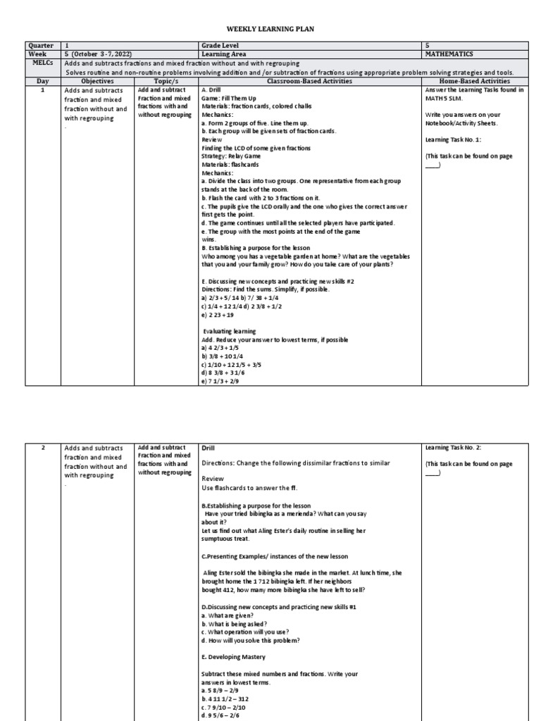 Grade 5 Math: Adding Fractions Plan | PDF | Learning | Cognitive Science