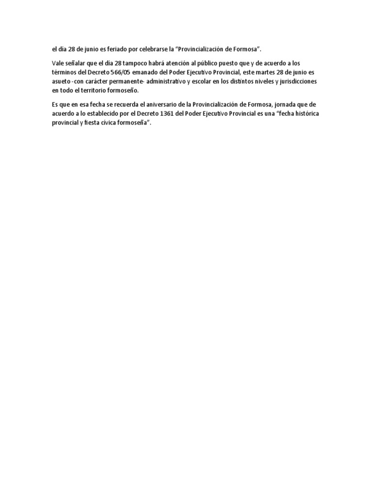 El Día 28 de Junio Es Feriado Por Celebrarse La PDF
