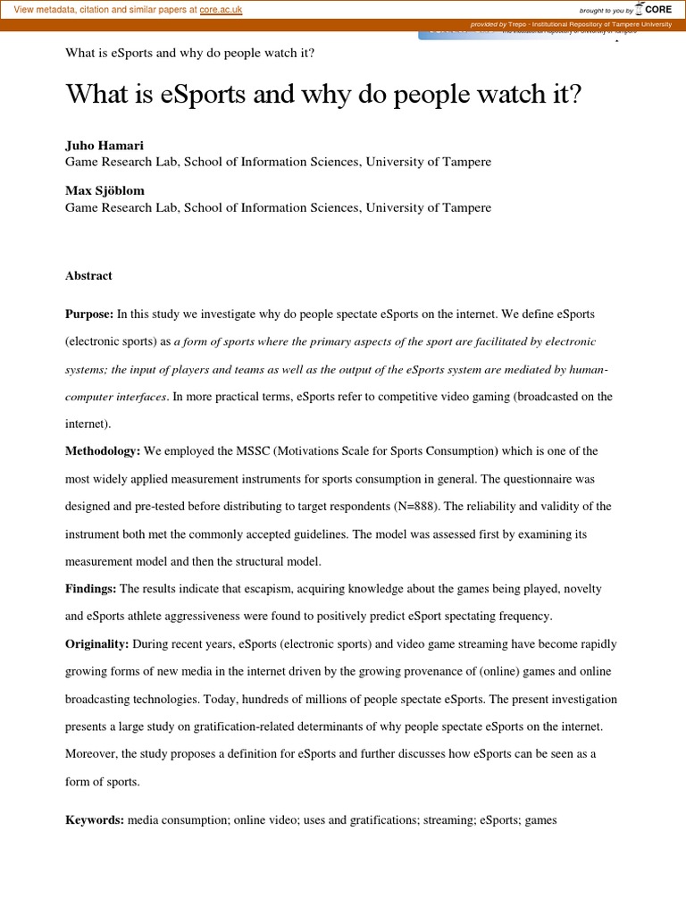 What Is Esports and Why Do People Watch It?: Juho Hamari | PDF ...