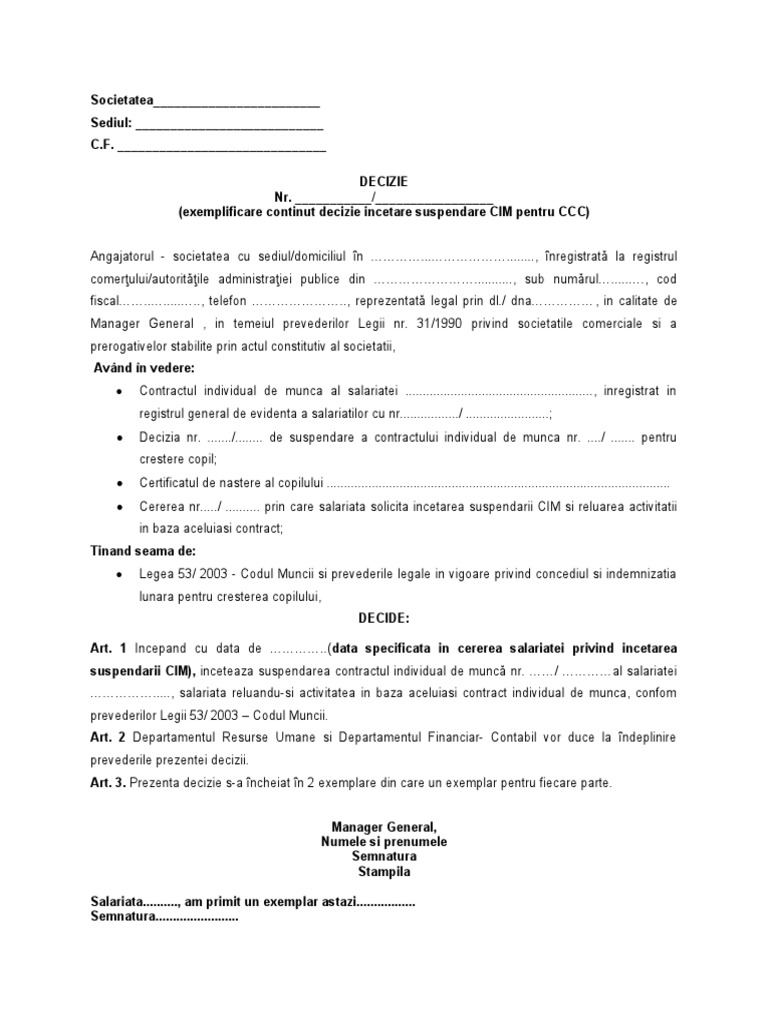 Model Decizie Incetare Suspendare CIM PT CCC PDF