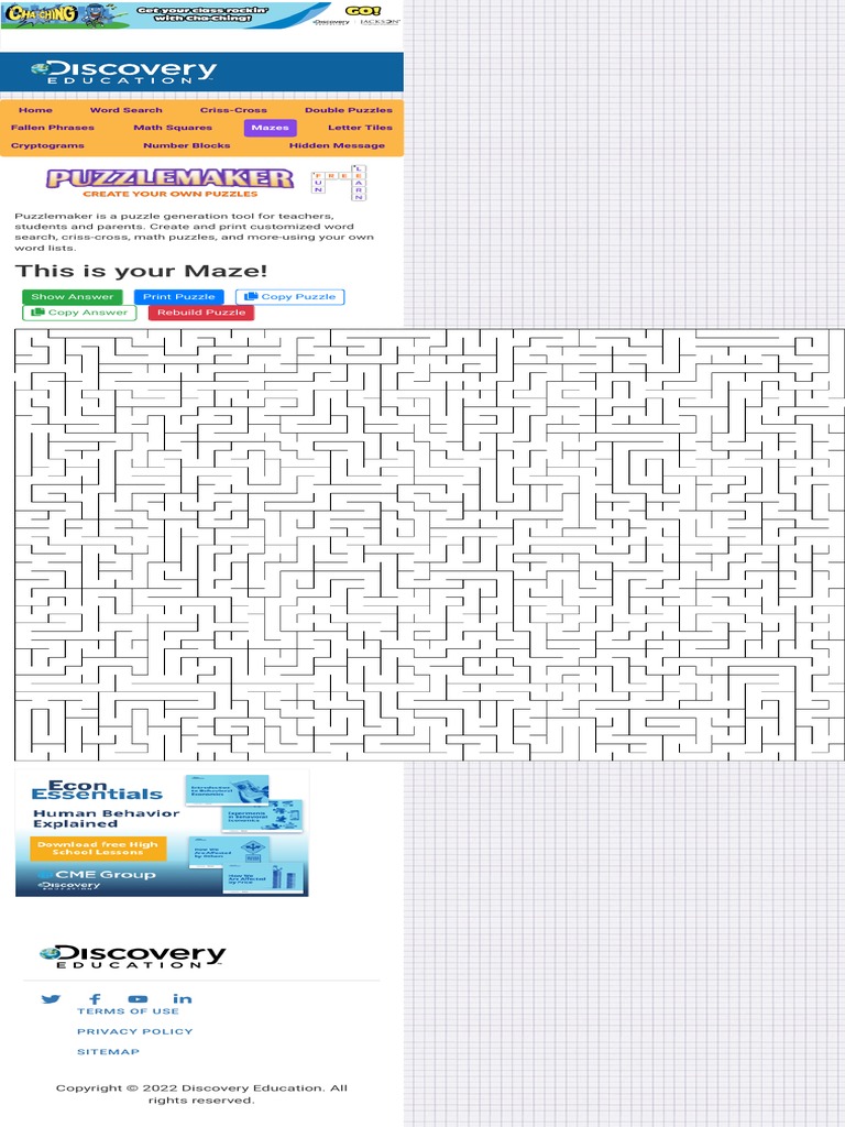 Maze Puzzle Discovery Education Puzzlemaker PDF