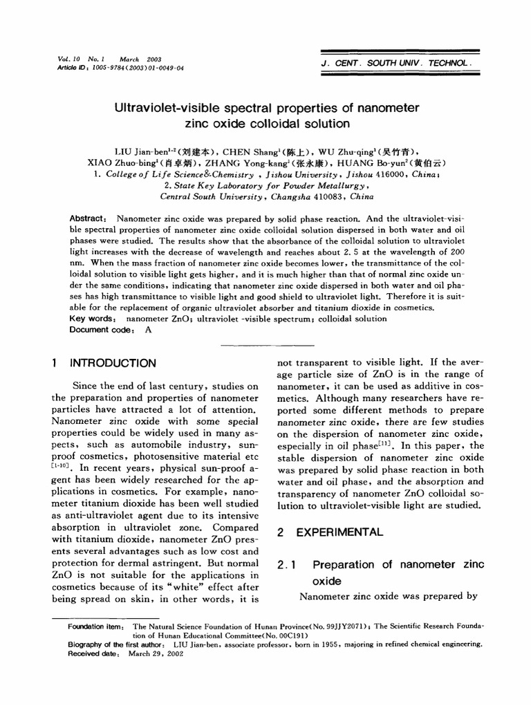 UltravioletVisible Spectral Properties of Nanometer Zinc Oxide