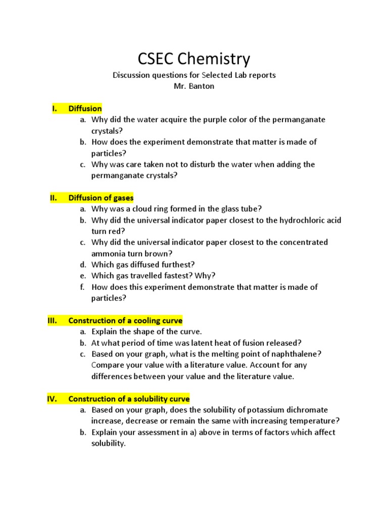 Discussion Questions For Selected Fourth Form Lab Reports PDF