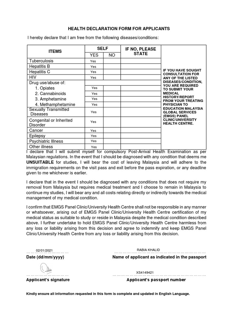 Health Declaration Form for Applicants | PDF | Clinical Medicine ...