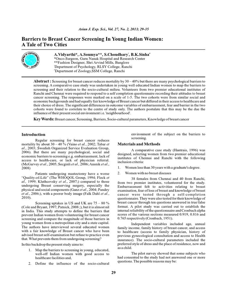 Barriers to Breast Cancer Screening in India | PDF | Screening ...