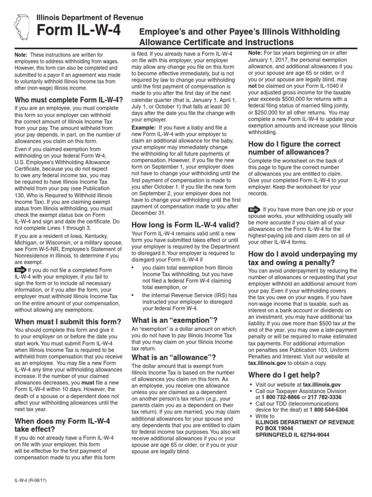 Form ILW4 Employee's and Other Payee's Illinois Withholding
