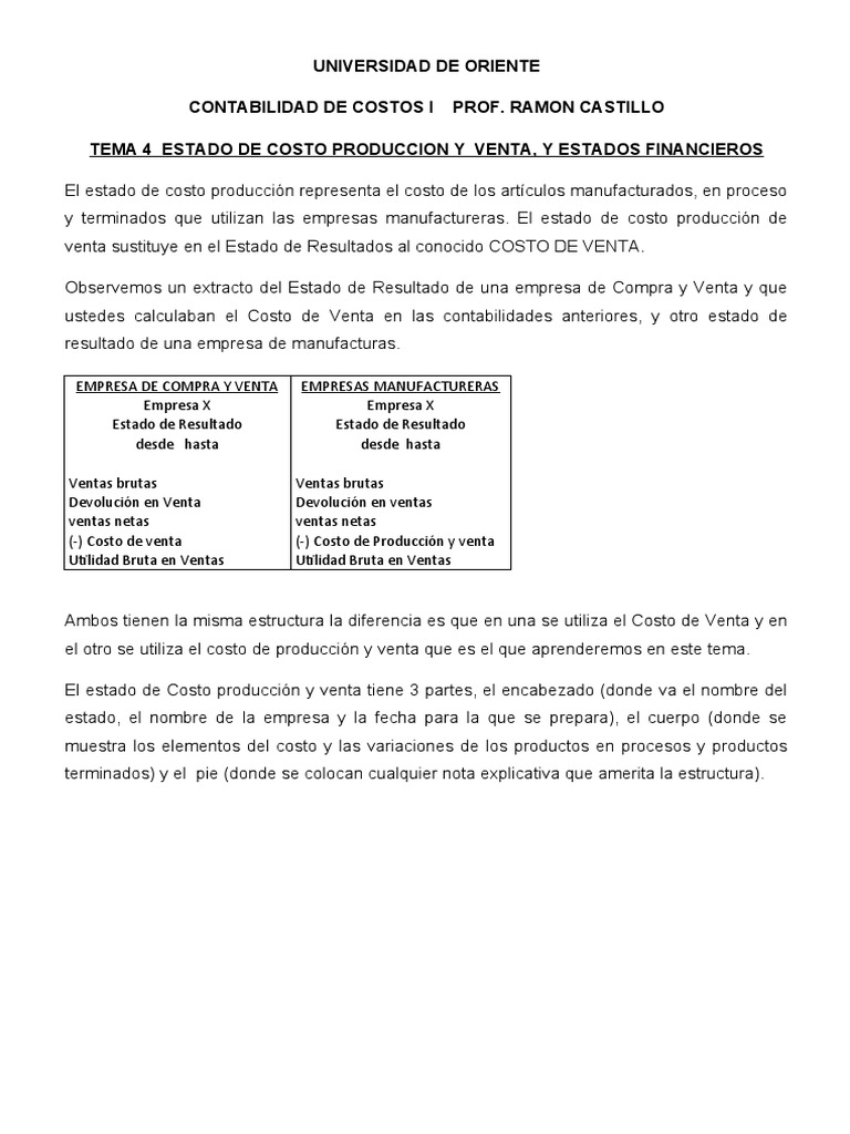 Estado de Costo Produccion y Venta, y Estados Financieros | PDF ...
