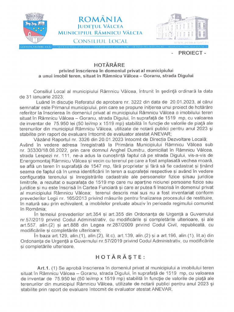 Proiect de Hot. Si Raport Inscriere Teren Strada Digului in Domeniul ...