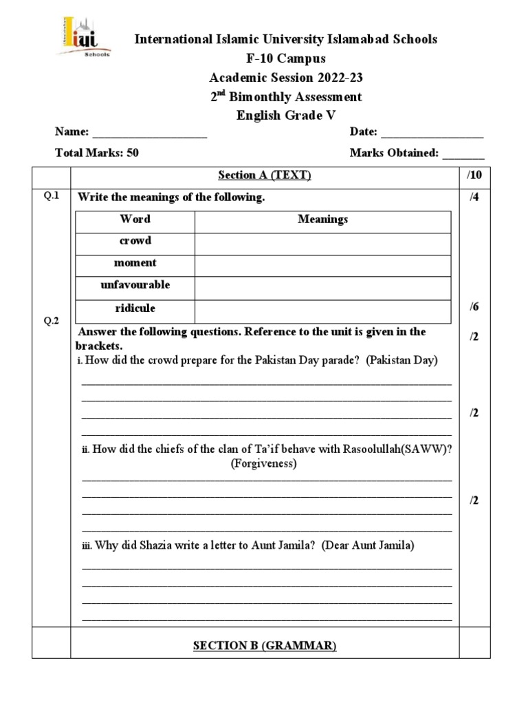 Grade V English Assessment 2022-23 | PDF | Cognitive Science ...