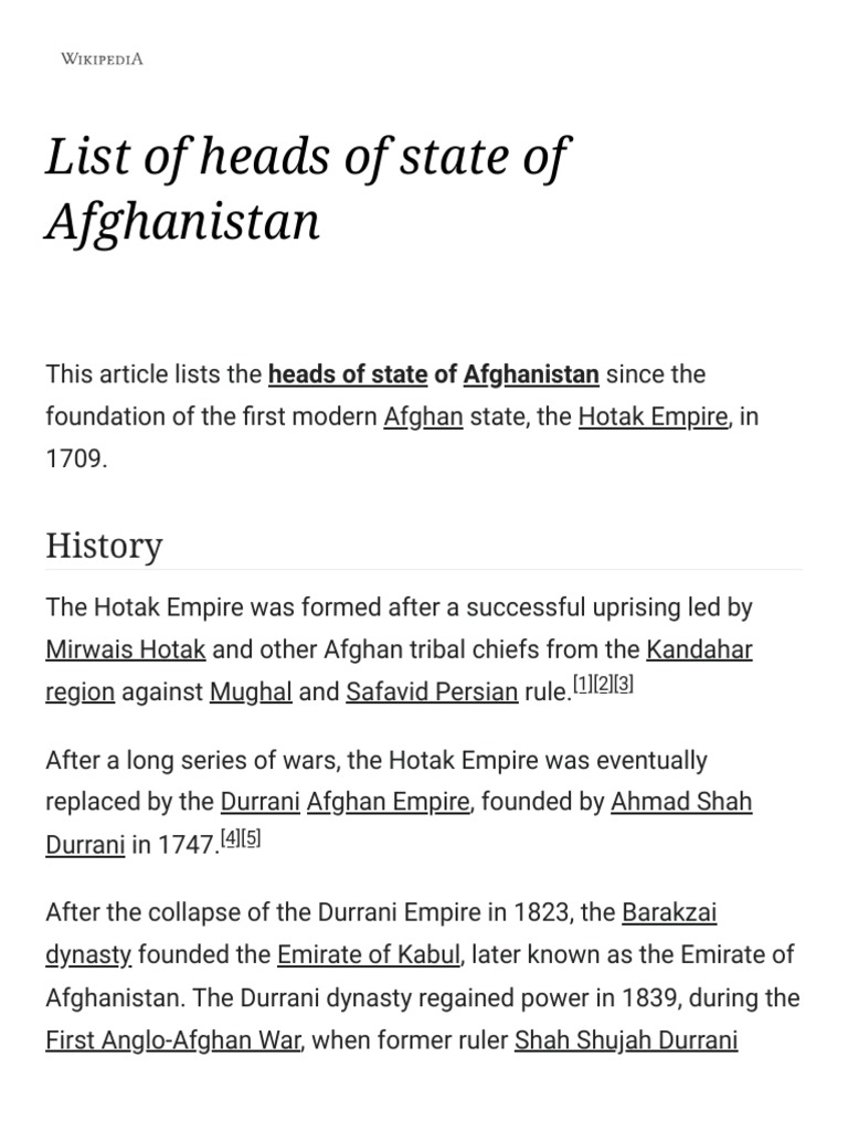 List of Heads of State of Afghanistan Wikipedia PDF People's