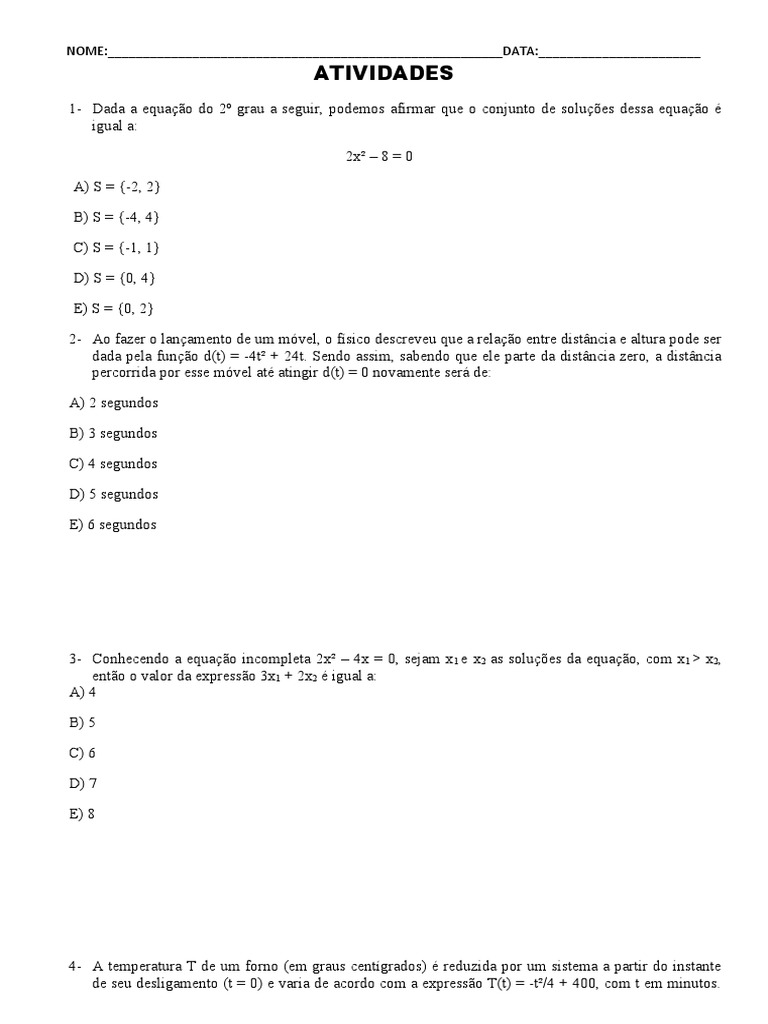 ATIVIDADE Equação Do 2º Grau Incompleta | PDF