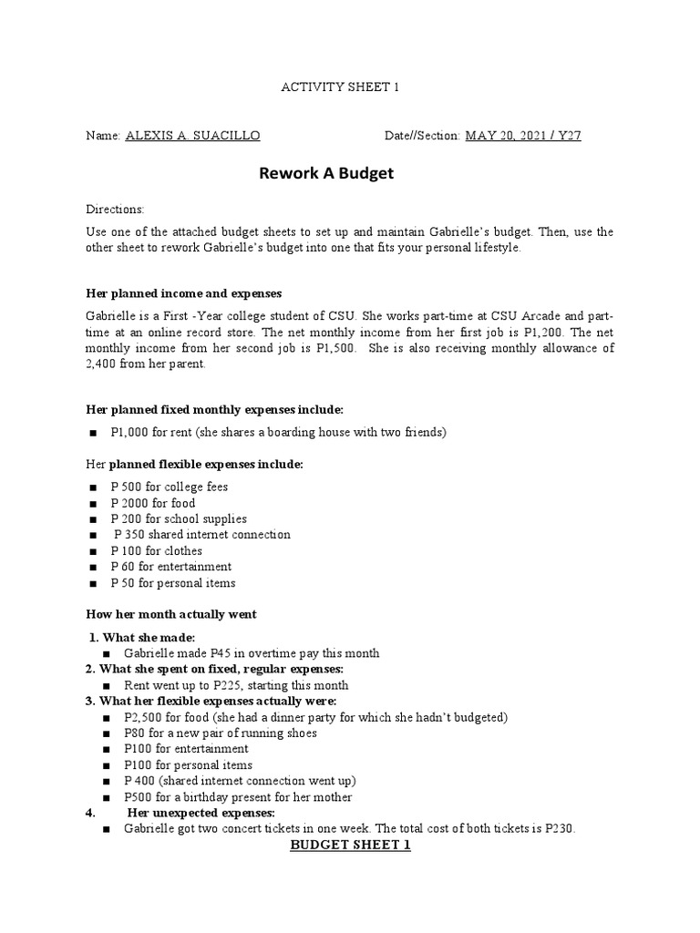 Reworking a budget analyzing gabrielle s spending and creating a new