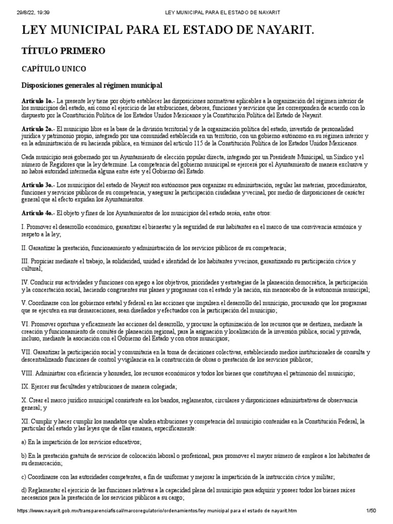Ley Municipal para El Estado de Nayarit PDF Gobierno local Alcalde