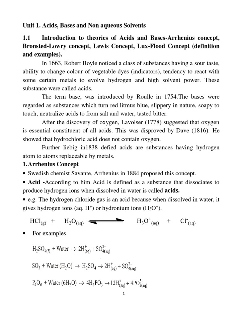Unit 1. Acids, Bases and Non Aqueous Solvents PDF Solvent Acid