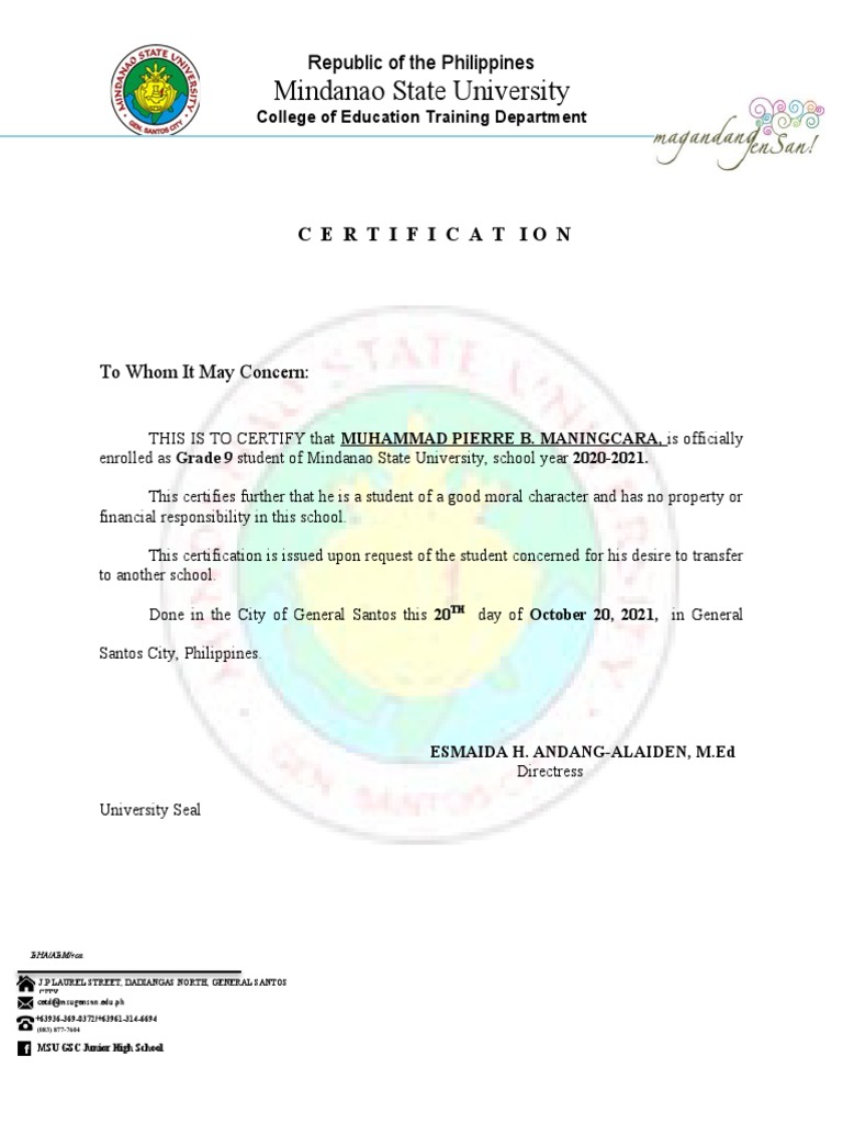 Certification For Transfer PDF