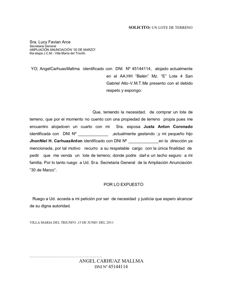 Solicitud De Terreno Pdf