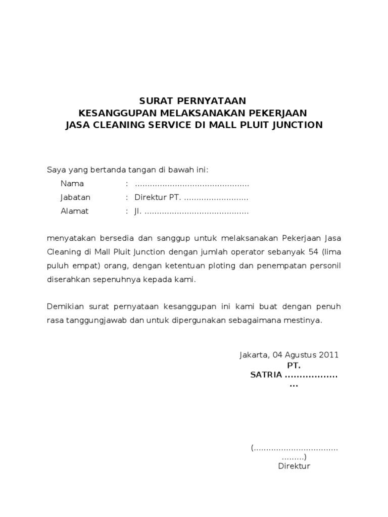 Surat Pernyataan Kesanggupan Melaksanakan Pekerjaan Jasa Cleaning Service Di Mall Pluit Junction