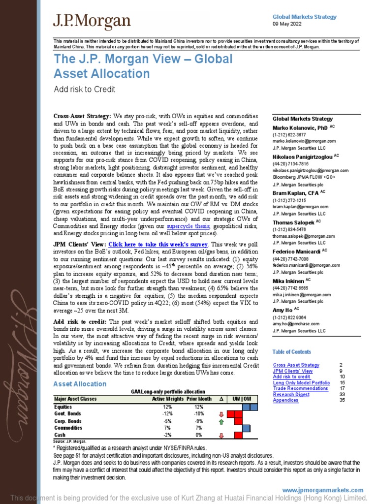 JPM The J P Morgan View 2022-05-09 4086002 | PDF | Asset Allocation |  Inflation